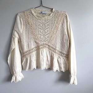 Zara knit lace top, off white, long sleeves